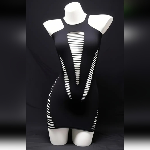 Black Stretchy Bodystocking Mini Dress W/Crazy Slash Style Cut Outs (OS) - Picture 12 of 16